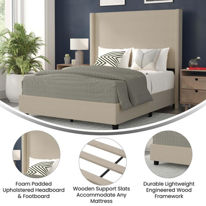 Quinn Full Upholstered Platform Bed Beige - Modern Upholstered Bed with Foam Padded Headboard and Footboard