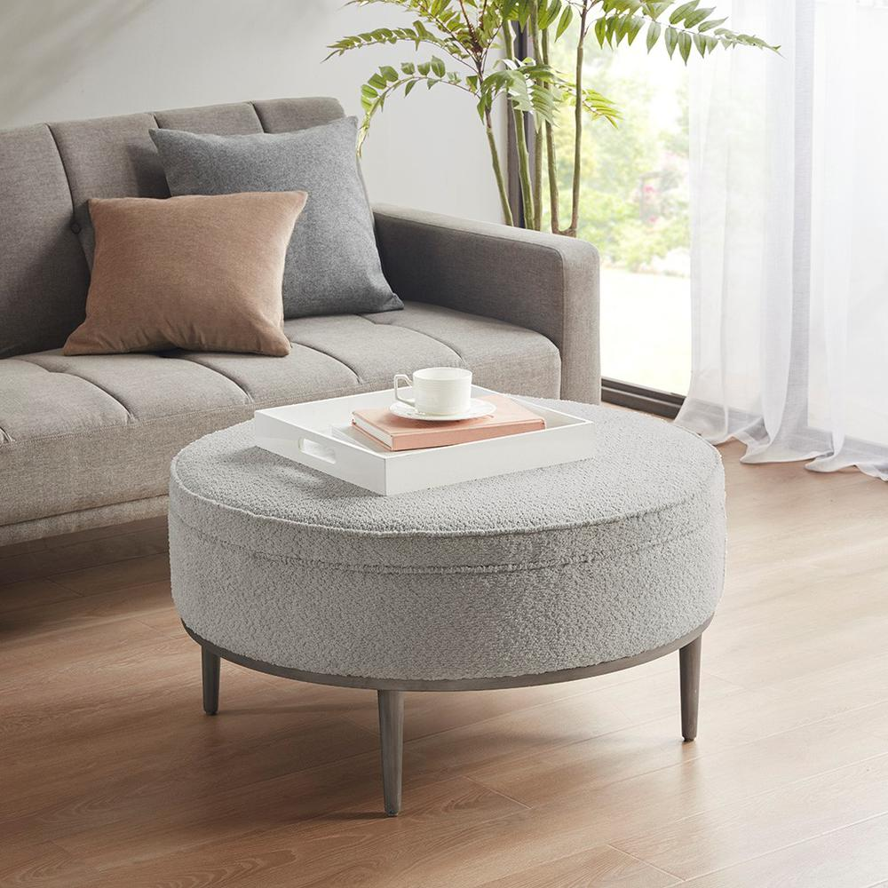 Upholstered Round Cocktail Ottoman with Metal Base 34" Dia, 34x34, Grey - Navarrete Furniture