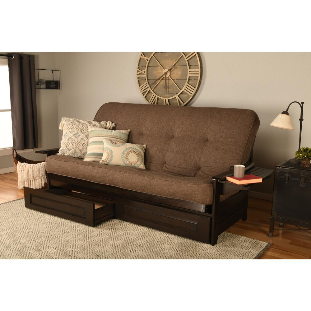 Phoenix Frame Queen-Espresso Finish-Linen Cocoa Mattress - Versatile Hardwood Futon Sofa Bed