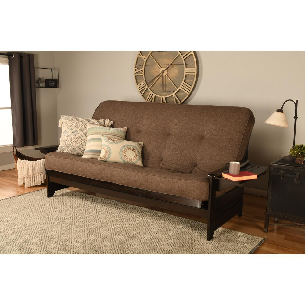 Phoenix Frame Queen-Espresso Finish-Linen Cocoa Mattress - Versatile Hardwood Futon Sofa Bed