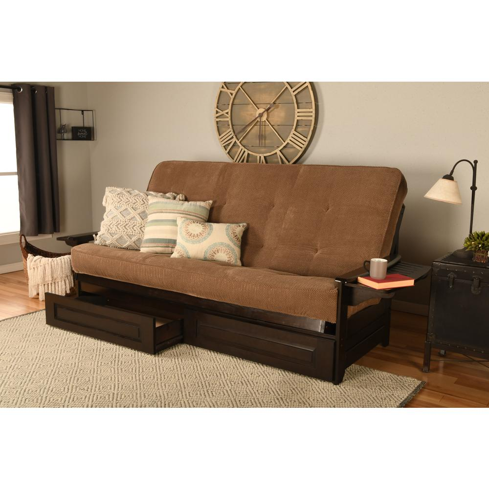 Phoenix Frame Queen-Espresso Finish-Marmont Mocha Mattress - Classic Hardwood Futon Sofa Bed