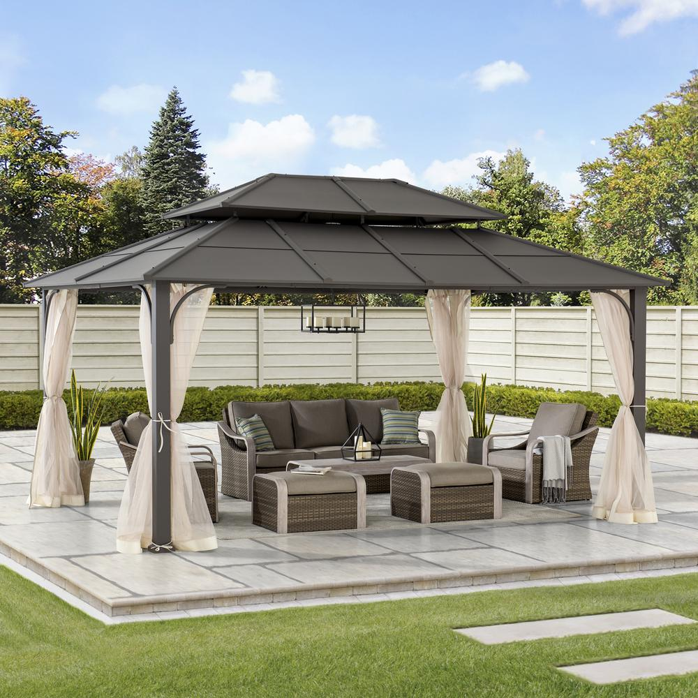 Sunjoy 12 ft. x 16 ft. Brown Steel Gazebo with 2-tier Hip Roof Hardtop