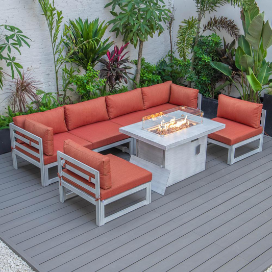 LeisureMod Chelsea 7-Piece Patio Sectional and Fire Pit Table - Weathered Grey Aluminum with Cushions