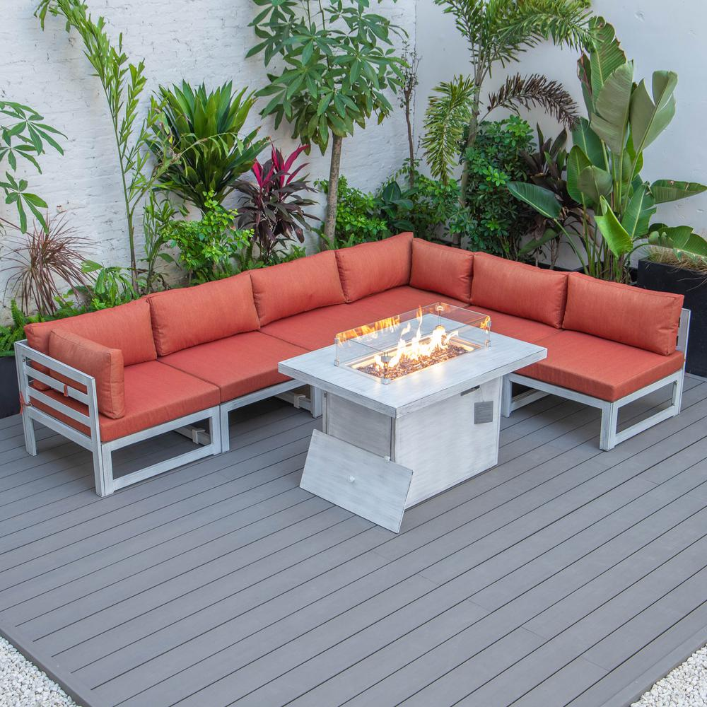 LeisureMod Chelsea 7-Piece Patio Sectional and Fire Pit Table - Weathered Grey Aluminum with Cushions