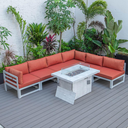 LeisureMod Chelsea 7-Piece Patio Sectional and Fire Pit Table - Weathered Grey Aluminum with Cushions