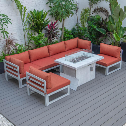 LeisureMod Chelsea 7-Piece Patio Sectional and Fire Pit Table - Weathered Grey Aluminum with Cushions