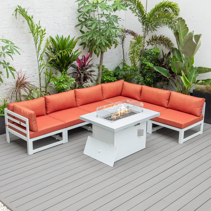 LeisureMod Chelsea 7-Piece Patio Sectional and Fire Pit Table - White Aluminum with Cushions