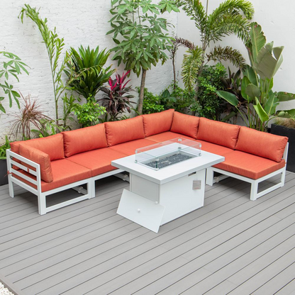 LeisureMod Chelsea 7-Piece Patio Sectional and Fire Pit Table - White Aluminum with Cushions