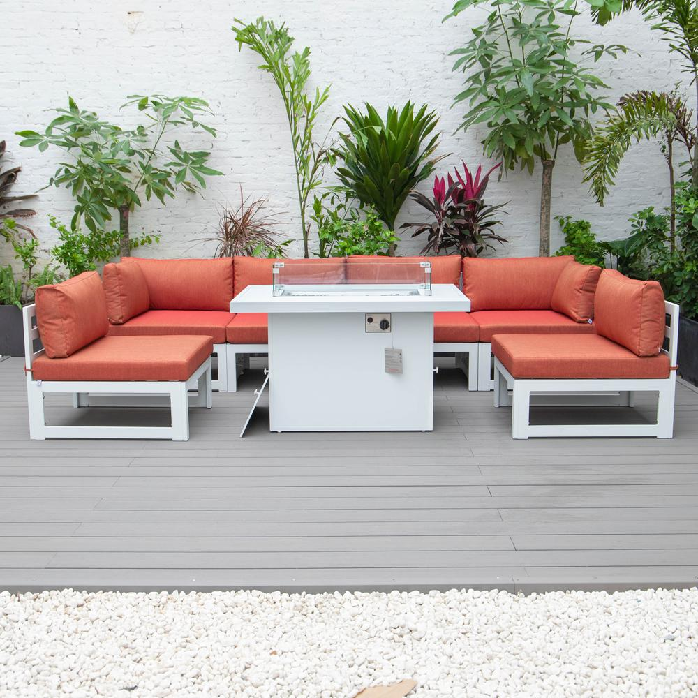 LeisureMod Chelsea 7-Piece Patio Sectional and Fire Pit Table - White Aluminum with Cushions