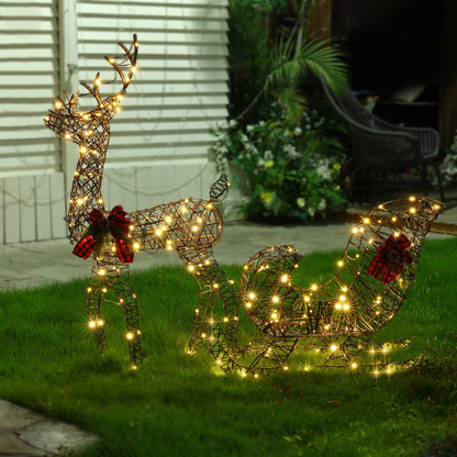 Reindeer and Sleigh Lighted Outdoor Holiday Decoration Set