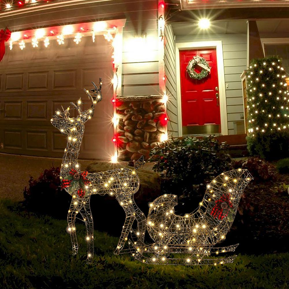 Reindeer and Sleigh Lighted Outdoor Holiday Decoration Set