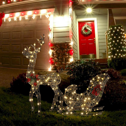 Reindeer and Sleigh Lighted Outdoor Holiday Decoration Set