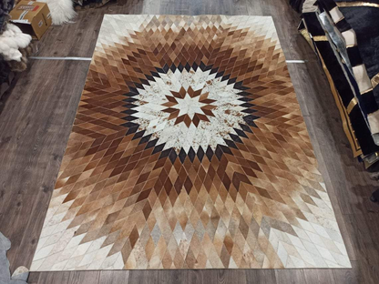 Star Pattern Cow Skin Rug - Hand-Stitched Leather Patchwork Rug