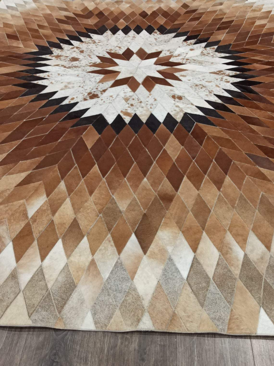 Star Pattern Cow Skin Rug - Hand-Stitched Leather Patchwork Rug