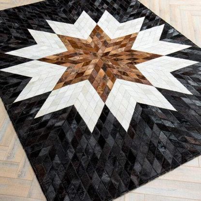 Cow Skin Rug Leather Patchwork Hand-Stitched Modern Living Room Bedroom Carpet - Non-Slip Pad