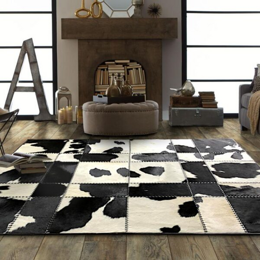 Cow Skin Rug Black & White Pattern Patchwork Leather Rug - Hand-Stitched Modern Homes Living