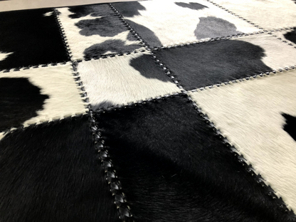 Cow Skin Rug Black & White Pattern Patchwork Leather Rug - Hand-Stitched Modern Homes Living