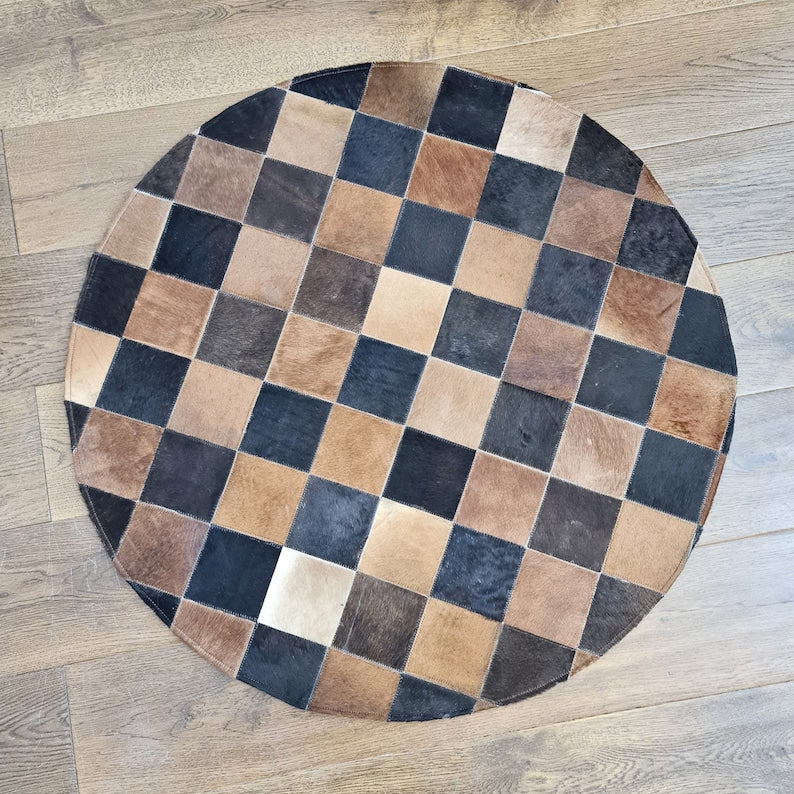 Handmade Round Patchwork Leather Rug for Modern Homes