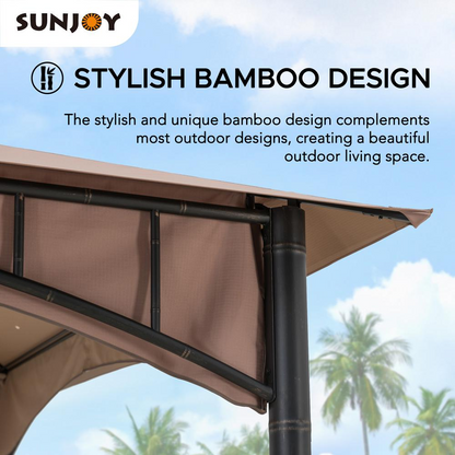 Outdoor Patio Black Bamboo Shape Steel Frame 2-Tier Soft Top Gazebo with Canopy