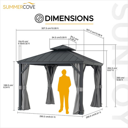 Sunjoy 10 x 10ft Patio Aluminum Frame Gazebo with 2 Tier Hardtop