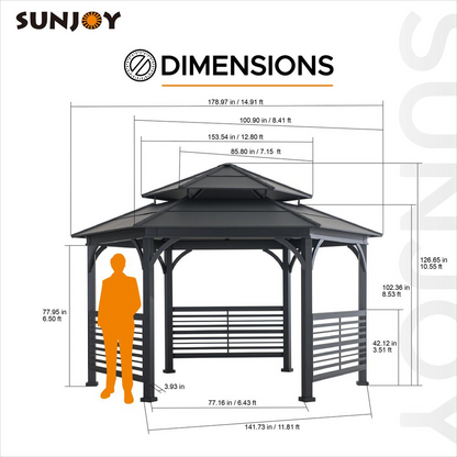 Sunjoy 15 x 15 ft. Outdoor Hardtop Hexagon Double Tiered Metal Gazebo