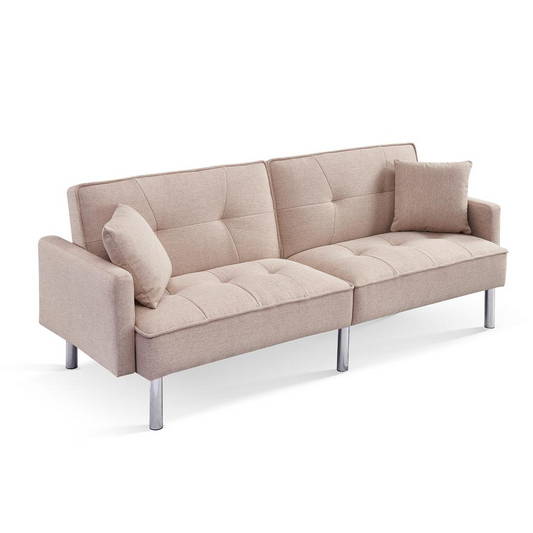 Tufted Futon Convertible Sofa Sleeper with Two Throw Pillows - Modern Style and Comfort