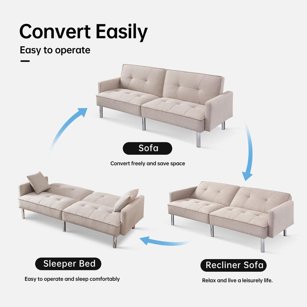 Tufted Futon Convertible Sofa Sleeper with Two Throw Pillows - Modern Style and Comfort