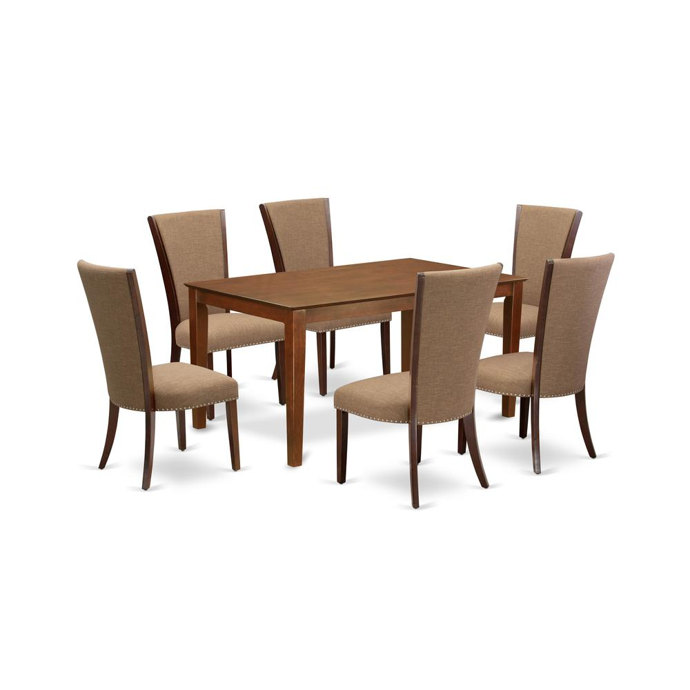 Transform Your Dining Experience: Elegant 6-Piece Set with Linen Fabric Chairs in Light Sable & Mahogany Finish Table