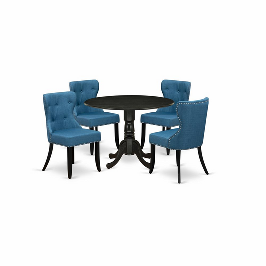 Indulge in Elegance with Our 4-Piece Dining Room Set - Chic Mineral Blue Linen Fabric Chairs and a Stunning Wire Brushed Black Wood Pedestal Table