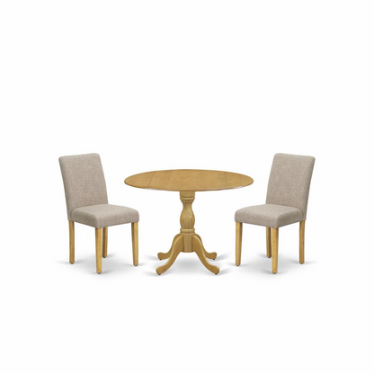 Chic 3-Piece Oak Dining Set: Compact Table & 2 Light Tan Linen Fabric Chairs