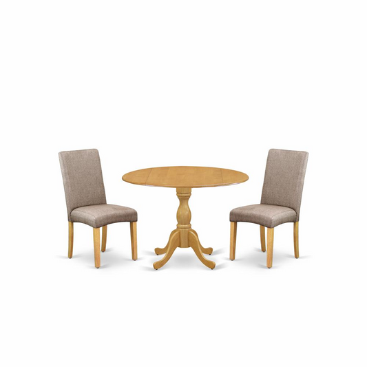 Stylish 3-Piece Dining Set: Modern Oak Table & 2 High-Back Chairs in Dark Khaki Linen Fabric - Perfect Oak Finish