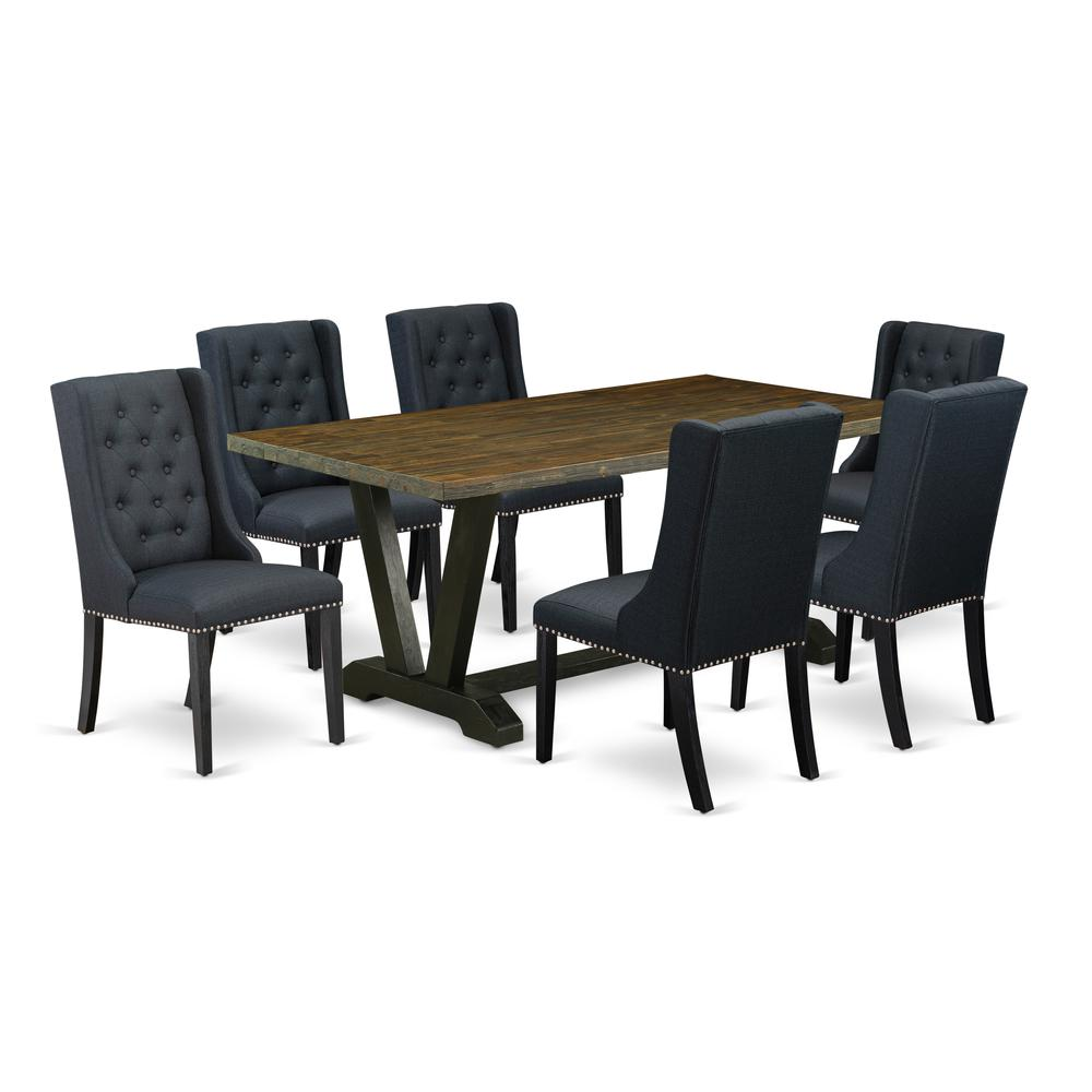 🍴 Elegant 7-Piece Dining Table Set: 6 Black Linen Fabric Chairs with Button Tufting & Nailhead Detail, Distressed Jacobean Table in Wire Brush Black Finish