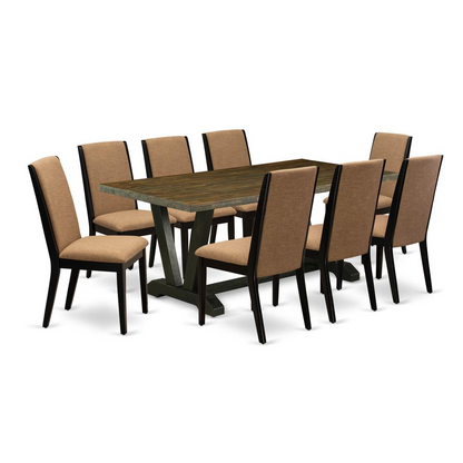 Stunning 9-Piece Dining Ensemble: Sleek Cement-Colored Rectangular Table & 8 Linen Fabric Chairs