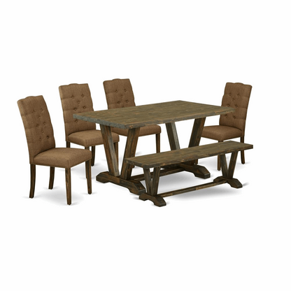 6-Piece Elegant Dining Set: Brown Beige Linen Fabric Chairs with Button Tufted Backs, a Rectangular Bench & Table - Perfect for Stylish Dining Rooms 🍽️🏠✨