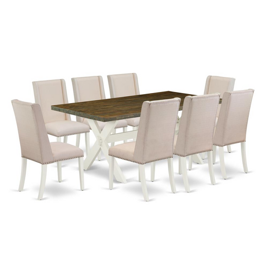 East West Furniture X077FL201-9 - 9-Piece Kitchen Table Set - 8 Parson Chairs and Dinette Table Solid Wood Structure - Navarrete Furniture