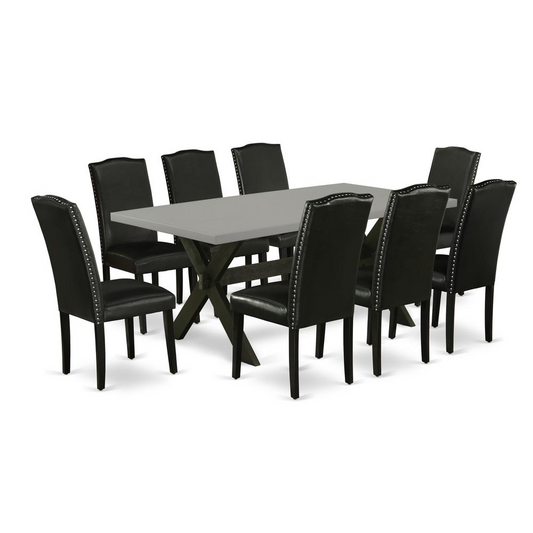 Upgrade Your Dining Space: Chic 9-Pc Dinette Set with 8 Elegant Chairs & Stylish Rectangular Cement Table in Wire Brushed Black Finish