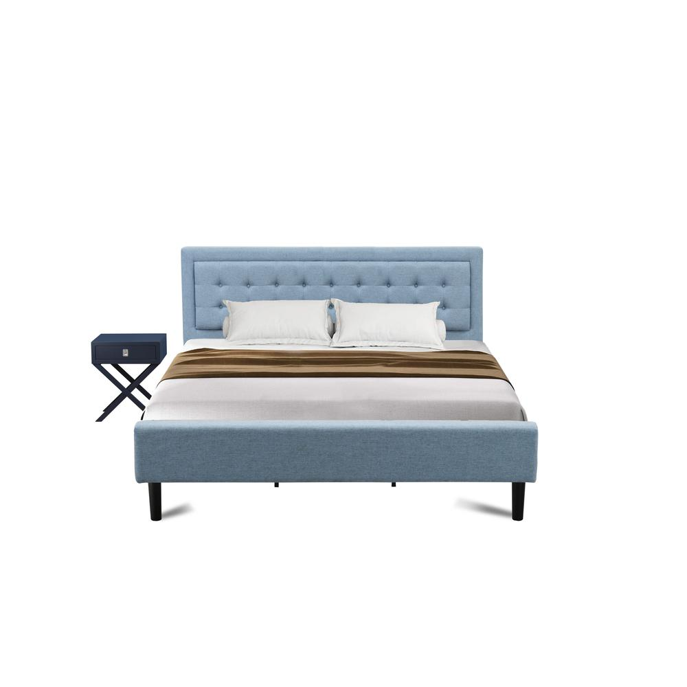 FN11K-1HA15 2-Piece Fannin King Size Bed Set with Navy Blue Nightstand - Denim Blue Linen Fabric Bed