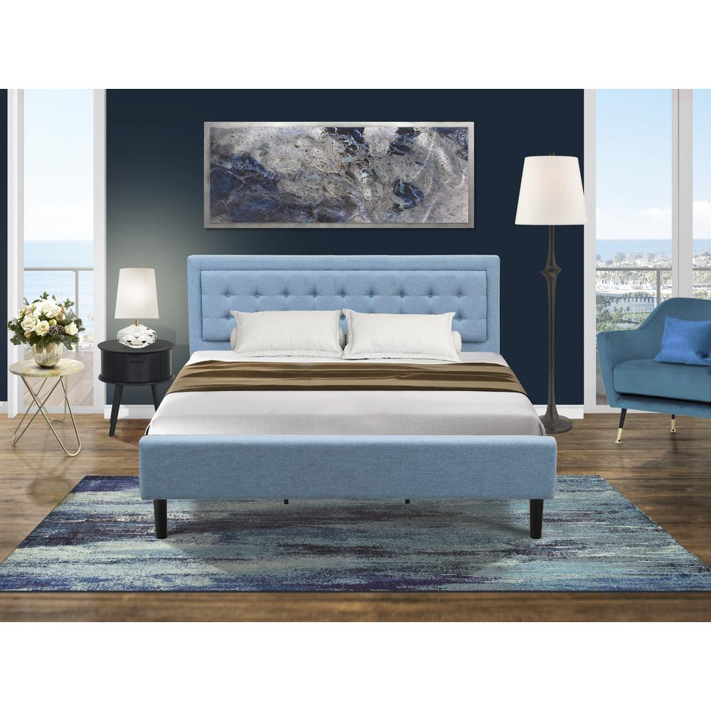 FN11K-1GO15 2-Pc Platform King Bed Set with 1 Mid Century Bed and a Navy Blue Bedroom Nightstand - Denim Blue Linen Fabric Bed