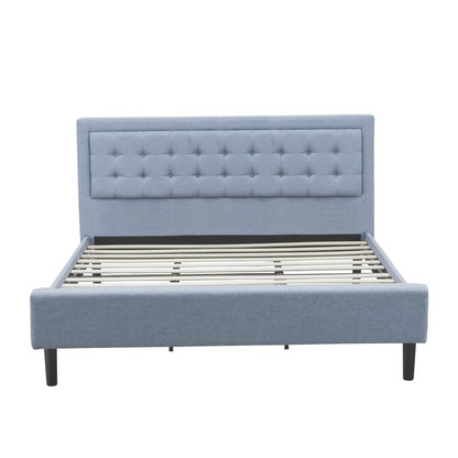 FN11K-1GO15 2-Pc Platform King Bed Set with 1 Mid Century Bed and a Navy Blue Bedroom Nightstand - Denim Blue Linen Fabric Bed