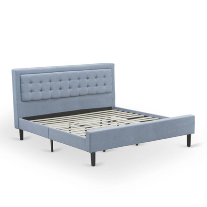 FN11K-1GO15 2-Pc Platform King Bed Set with 1 Mid Century Bed and a Navy Blue Bedroom Nightstand - Denim Blue Linen Fabric Bed