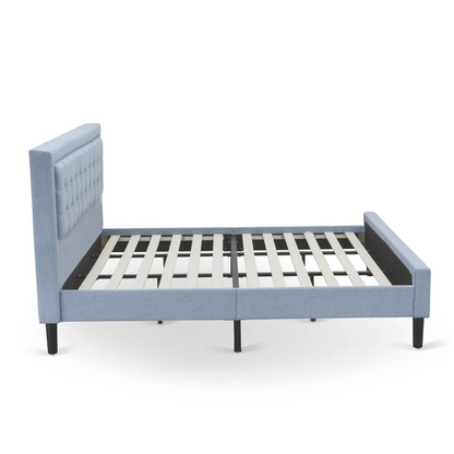 FN11K-1GO15 2-Pc Platform King Bed Set with 1 Mid Century Bed and a Navy Blue Bedroom Nightstand - Denim Blue Linen Fabric Bed