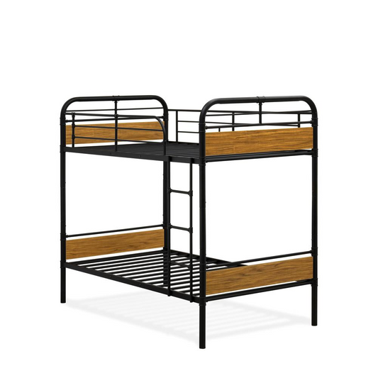 Hedley Bunk Bed Frame with 4 Metal Legs - Twin Bed in Powder Coating Black Color and Weather Wood Laminate