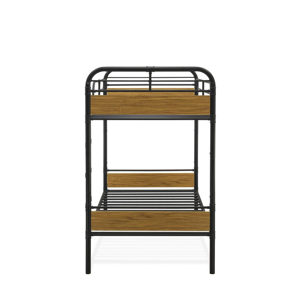 Hedley Bunk Bed Frame with 4 Metal Legs - Twin Bed in Powder Coating Black Color and Weather Wood Laminate