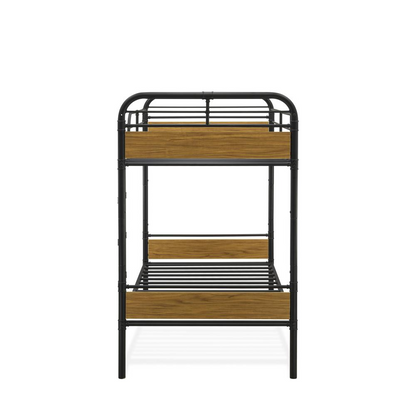 Hedley Bunk Bed Frame with 4 Metal Legs - Twin Bed in Powder Coating Black Color and Weather Wood Laminate