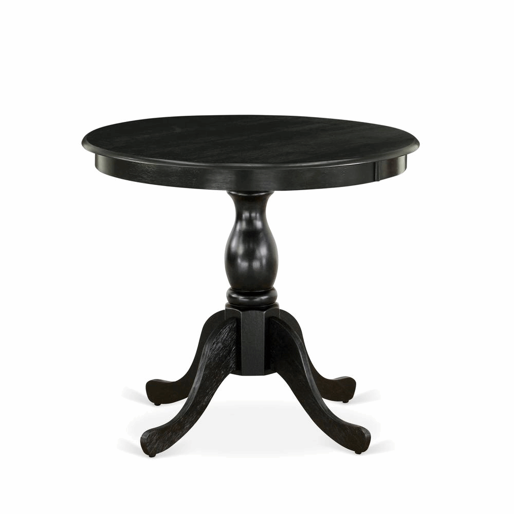 East West Furniture Modern Dining Table - Linen White Table Top and Black Pedestal Leg Finish