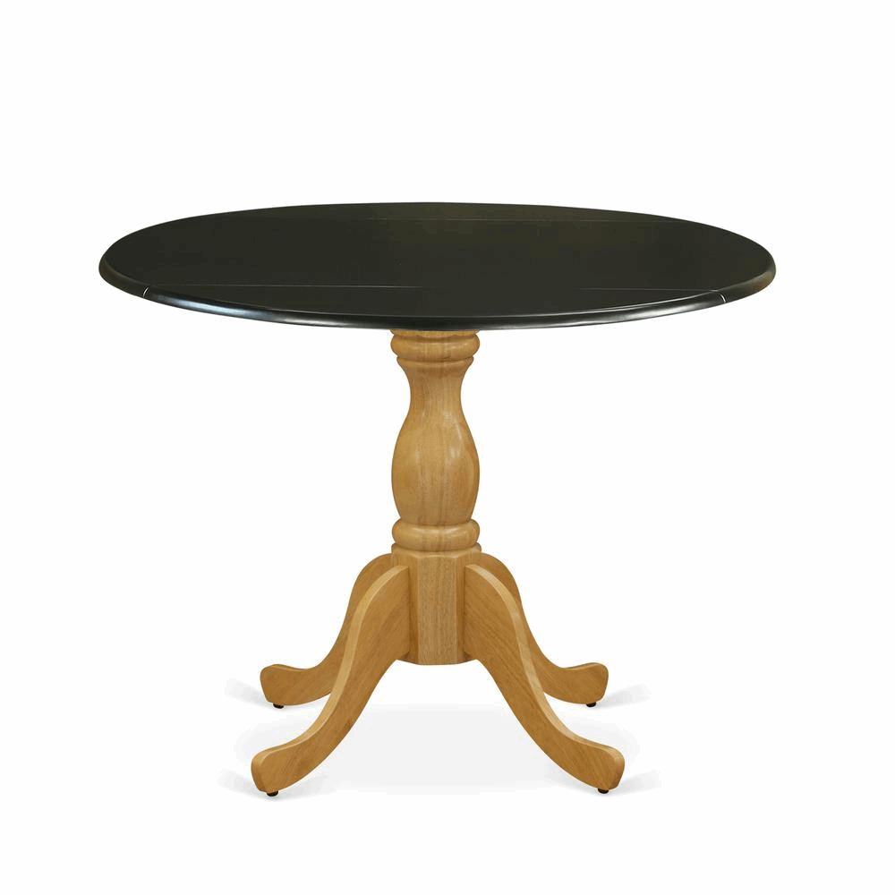 East West Furniture Dinning Table with Drop Leaves - Black Table Top and Oak Pedestal Leg Finish