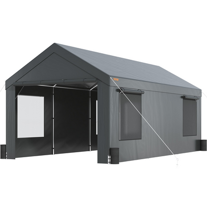 VEVOR Carport, Heavy Duty 12x20ft Car Canopy, Outdoor Garage Shelter with Removable Sidewalls, Roll-up Ventilated Windows & Door, UV Resistant Tarp for Car, Truck, Boat, Darkgray