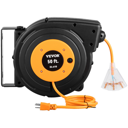 VEVOR 50ft Retractable Extension Cord Reel 14AWG/3CSJTOW Power Cord Reel