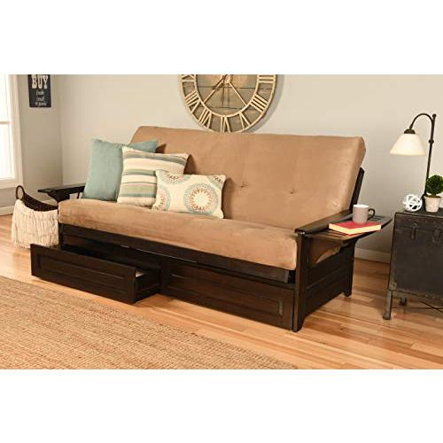 Phoenix Frame-Espresso Finish-Suede Peat Mattress-Storage Drawers - Multifunctional Hardwood Futon Sofa Bed