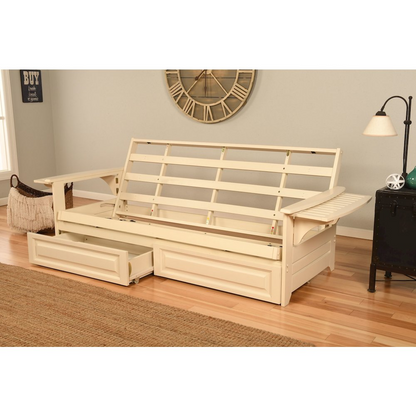 Phoenix Frame-Antique White Finish-Linen Aqua Mattress-Storage Drawers – Elegant and Versatile Futon